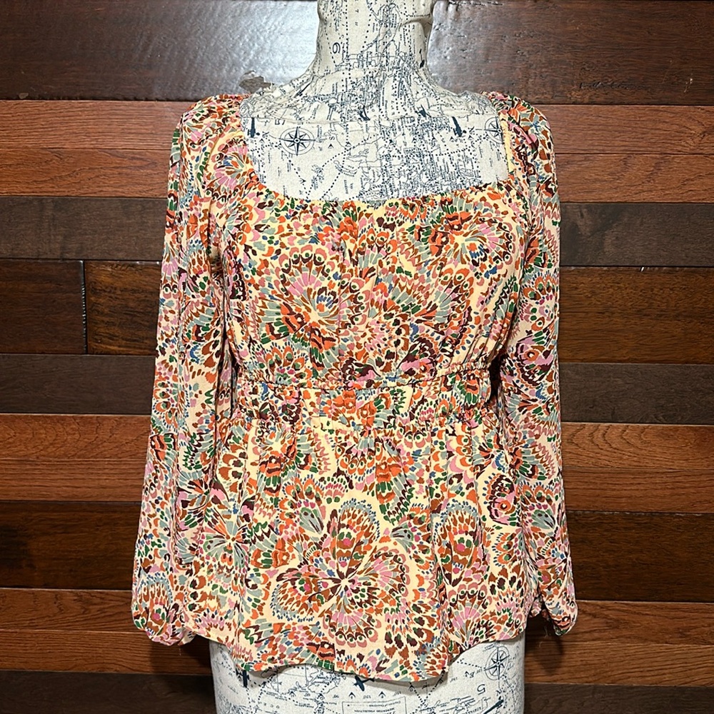 NWOT DR2 Square Neck Long Sleeve Orange Floral Peasant Blouse